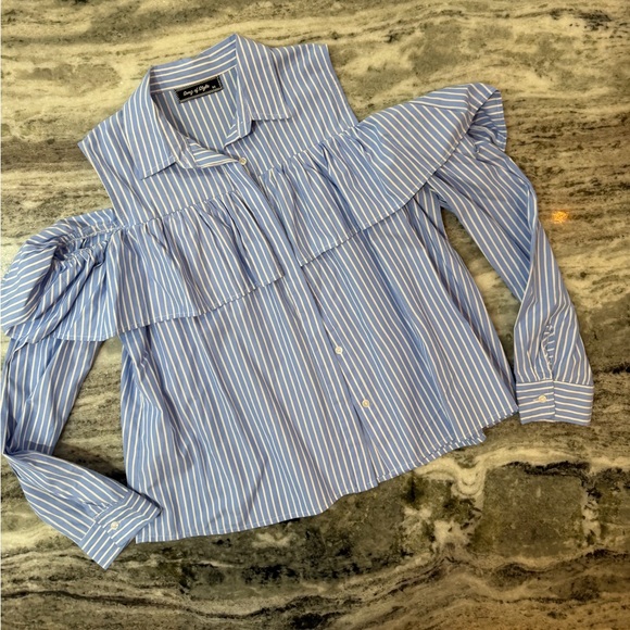 Blue Striped Cold Shoulder Flounce Ruffle Top - Picture 3 of 5